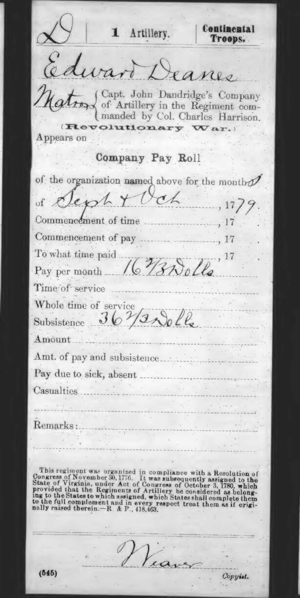 Revolutionary War Compiled Service Record Edward Deanes