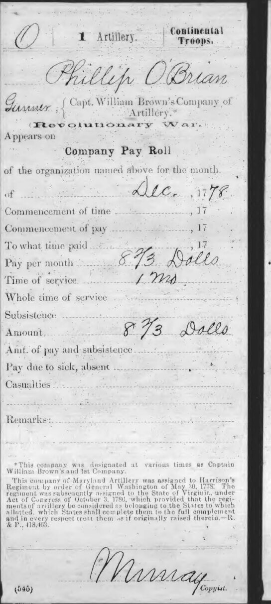 Revolutionary War Compiled Service Record Philip O'brian